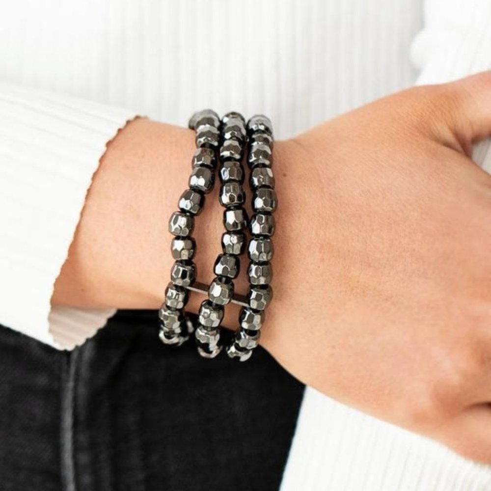 Hematite Stackable Beaded Stretch Bracelet Metall… - image 1